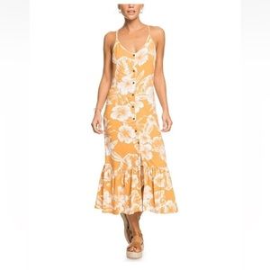 Roxy Seaside Estate Spaghetti Strap Dress Yellow White Floral Print Size S - NWT